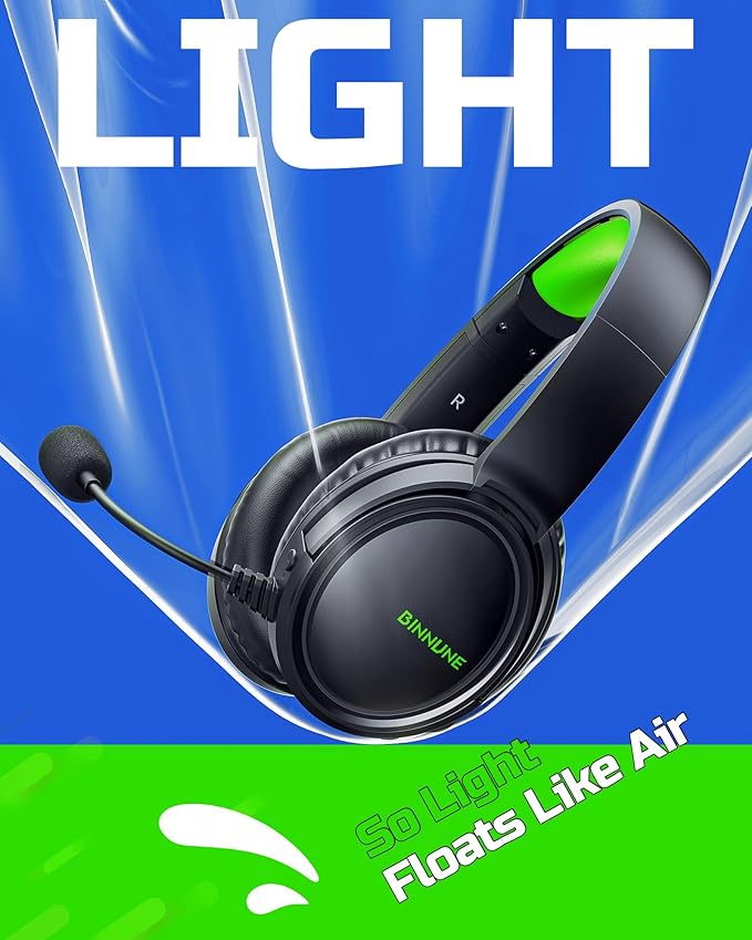 BINNUNE Wireless Gaming Headset — 2.4GHz Low-Latency USB Dongle + Bluetooth, 50mm Drivers 7.1 Surround, Noise-Cancelling Mic, 40H Battery — Over Ear Wireless Headphones for PS5, PC, Laptop, Green