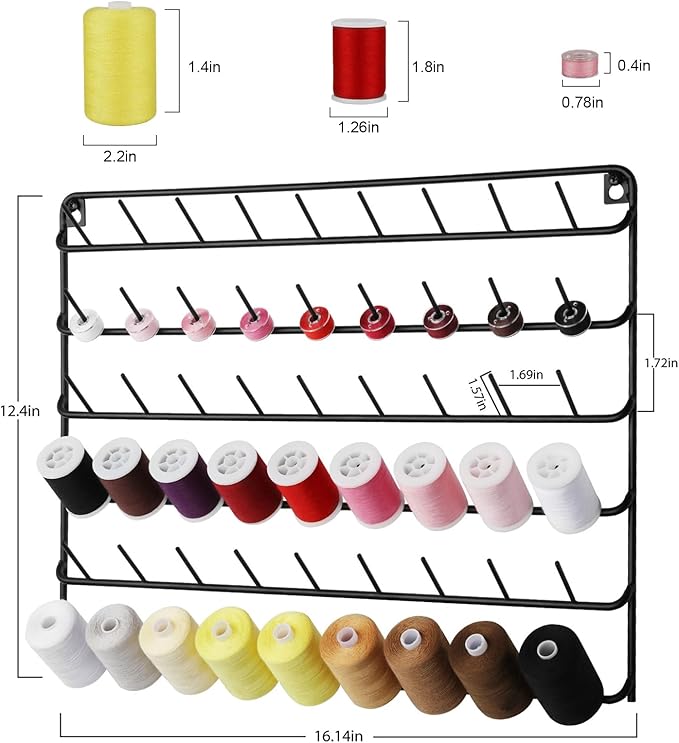 YBING Thread Holder Wall 54 Spools Thread Rack Embroidery Spool Thread Organizer Wall Mounted with Hanging Tools for Quilting Black Metal