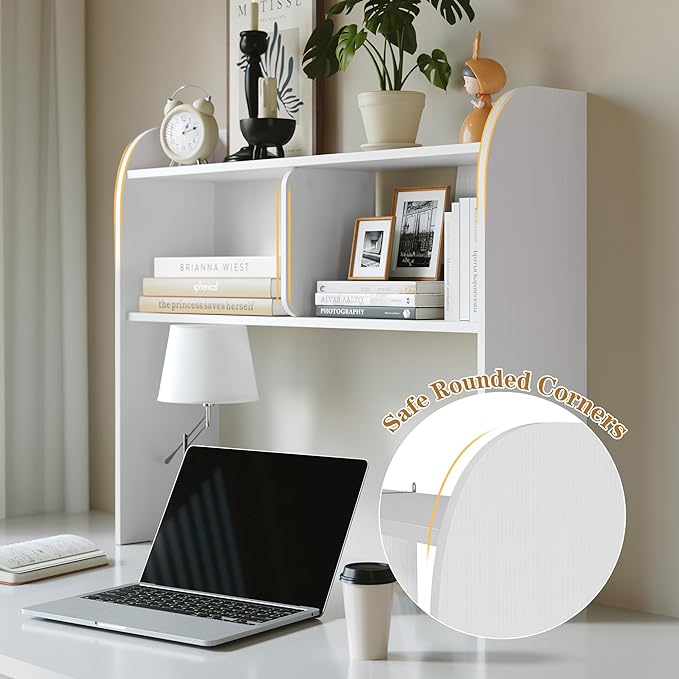 Wooden Desktop Bookshelf 37”,3-Tier Rounded-Edge Desk Storage Organizer,Space-Saving Countertop Shelf for Office Dorm Home,White