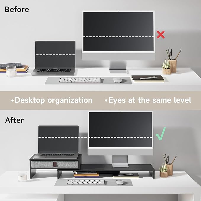 Fenge Computer Monitor Riser Stand with Drawer for 2 or 3 Monitors ,Adjustable Length and Angle Desktop Laptop Stand,Office Organizer,Printer,Black