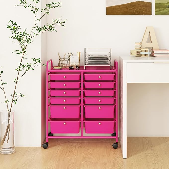 Moccha 12-Drawer Rolling Storage Cart - Utility Cart on Wheels with Lockable Casters for Craft Art Supply Paper Salon, Mobile Drawer Carts for Classroom Teacher School Office (Hot Pink)