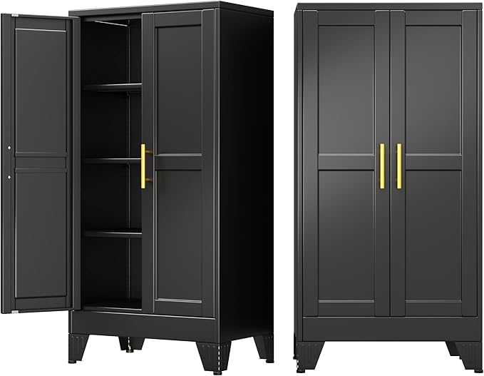 61" Metal Storage Cabinet with Adjustable Leveling Foot,Garage Storage Cabinets with 2 Doors and 3 Adjustable Shelves, Black Steel Cabinet for Office,Home,Garage(Black)