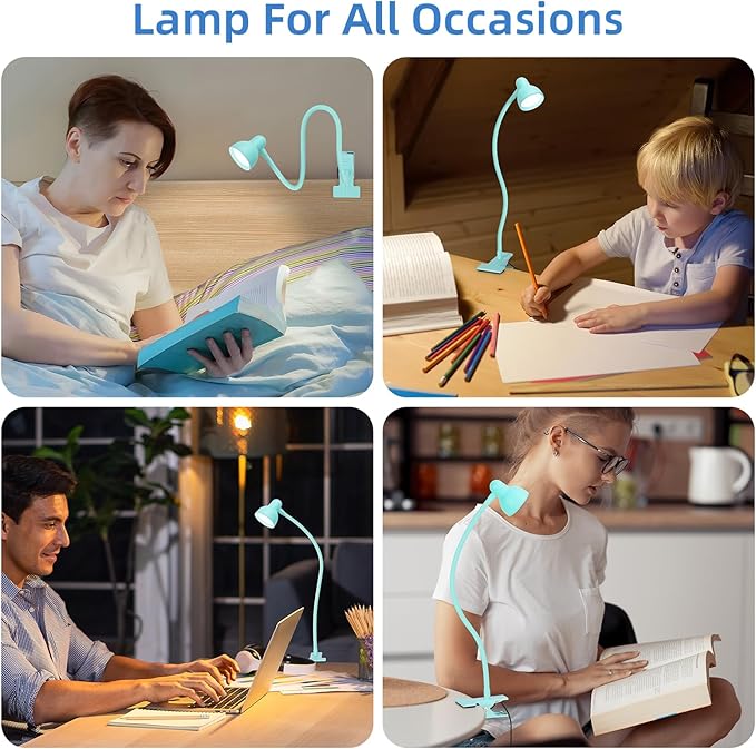 LiFMIRA Clip on Reading Light for Bed 3 Color Modes, 10 Brightness Dimmable, Flexible Gooseneck Clip on Lamp, Eye Care Clip Light for Bed Headboard Desk Home Dorm, Teal