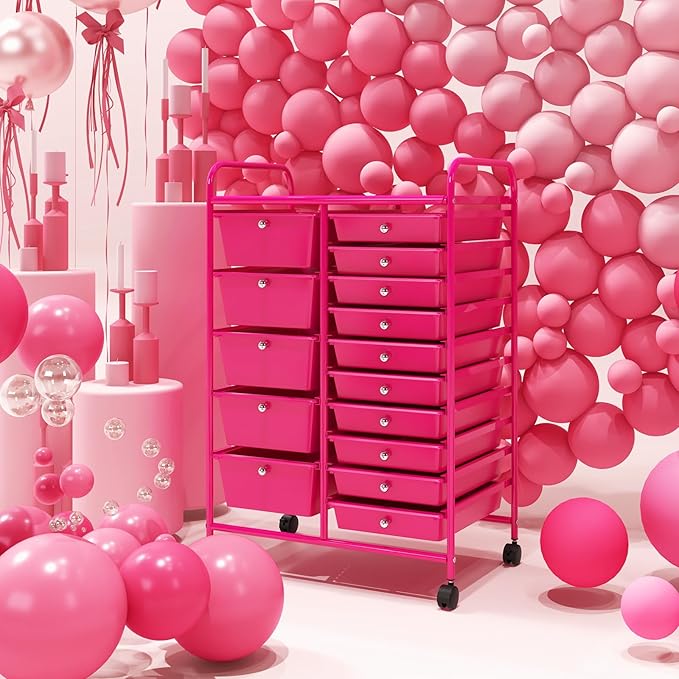 Moccha 15-Drawer Rolling Storage Cart - Under Desk Storage Drawers with wheels for Craft Art Supply Paper Salon, Scrapbook Paper Tools, Mobile Utility Cart for Classroom (15 Drawers, Hot Pink)