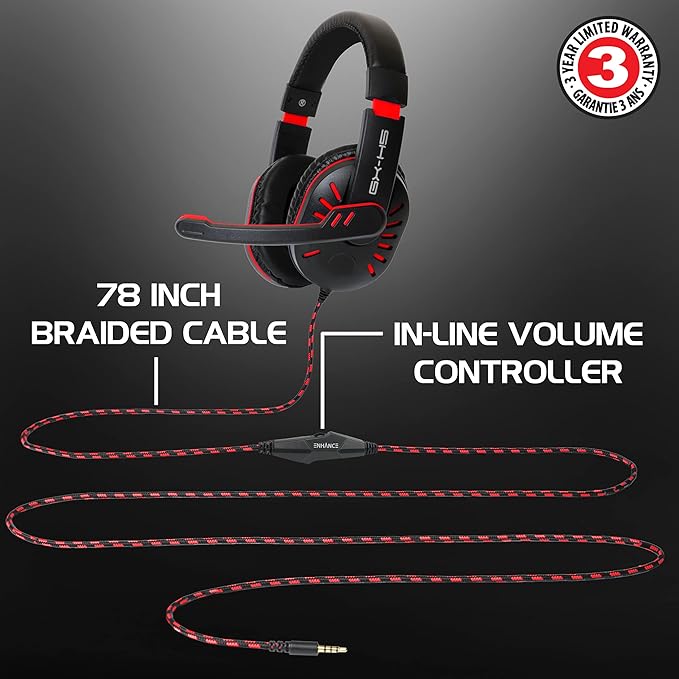 ENHANCE GX-H5 Gaming Headset with Microphone - Universal Gaming Headset for PS4, PS5, Xbox, PC, Switch with Adjustable Headband, Volume Controller, USB Sound-Isolating Earcups, Splitter Cable (Red)