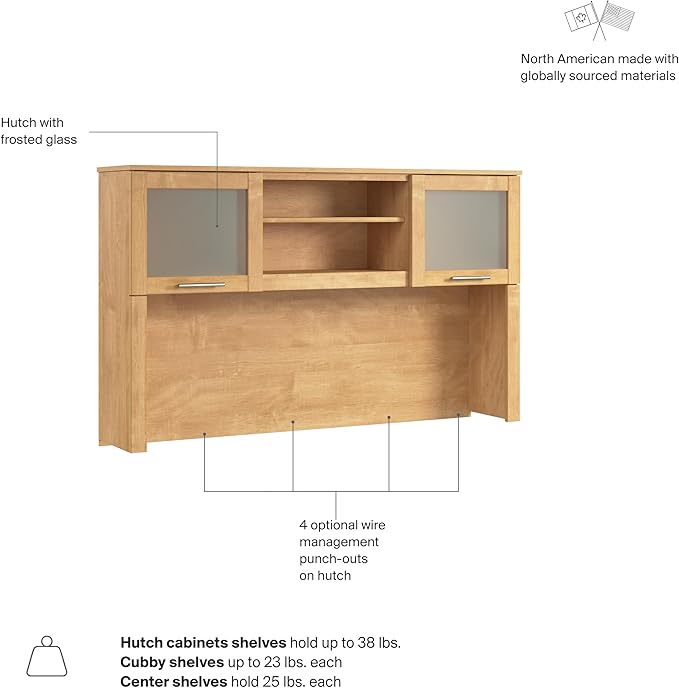Bush Home 60-Inch Desk Hutch, Office Storage Organizer with Shelves, Cubbies and Frosted Glass Doors for Computer Desk, Home Office Furniture, Somerset Collection, Maple Cross