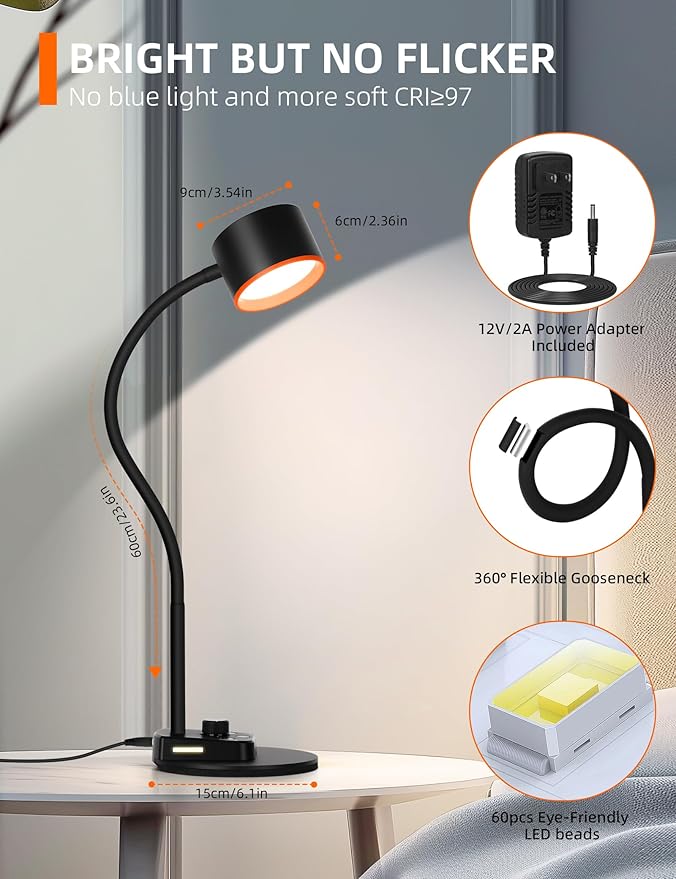 LiFMIRA Desk Lamp, LED Desk Lamp with USB C + A Charging Ports, 5 Colors Fully Dimmable Eye Care Reading Lamp for Bedside Table Full Metal Efficient Gooseneck Table Lamp for Home Office Black