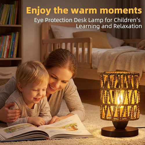 Boho Rattan Table Lamp, Bedroom Bedside Small Lamps with Warm White LED Bulb, Vintage Wooden Nightstand Nightlight, Rustic Handmade Woven End Desk Lamps for Bedroom Living Room Study Kids Room
