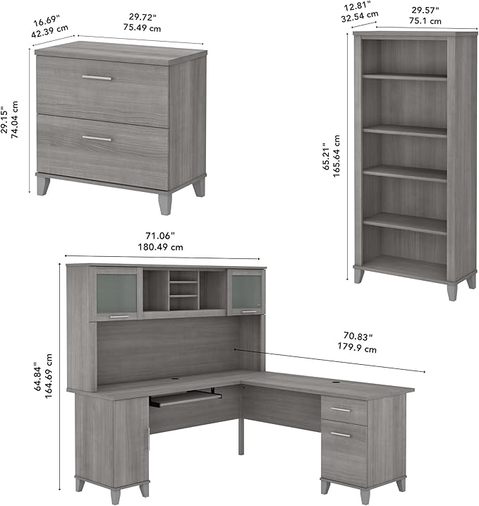 Bush Furniture Somerset 72W L Shaped Desk with Hutch, Lateral File Cabinet and Bookcase in Platinum Gray | Computer Table for Home Office