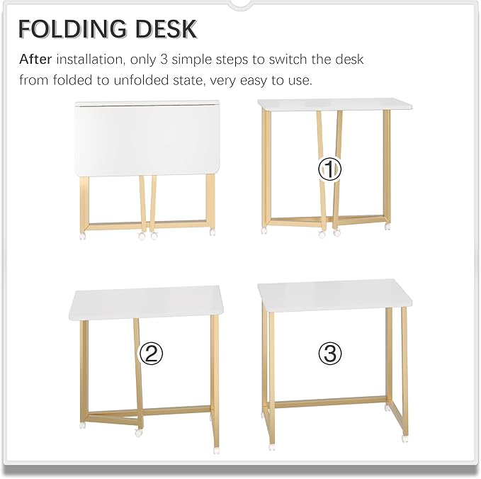 4NM 23.6" Mobile Small Folding Desk, Foldable Rolling Computer Home Office Desk, Study Writing Table for Small Space Saving Bedroom, with Wheels - White and Gold