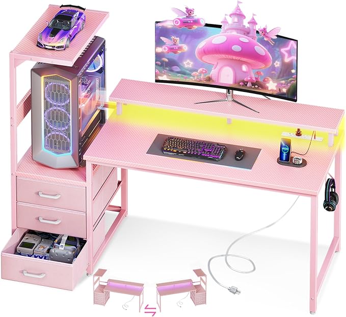 AODK 52 Inch Gaming Desk with USB Charging Ports & LED Light- Reversible Computer Desk with Storage Shelves & Monitor Stand, Modern Gamer Desk Table with Fabric Drawers, Pink