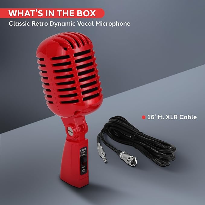 Pyle Classic Retro Dynamic Vocal Microphone - Old Vintage Style Unidirectional Cardioid Mic with XLR Cable - Universal Stand Compatible - Live Performance, In-Studio Recording - Pro PDMICR42R (Red)