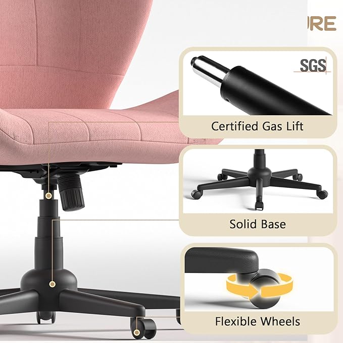 ZZW Criss Cross Chair with Wheels, Wide Cross Legged Office Chair Armless Comfy Desk Chair with Tall Back Vanity Chairs with Stress Relief Curved Design Seat for Bedroom & Office & Home Pink