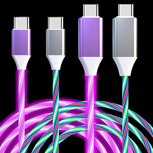 2 Packs USB C to USB C Cable 3A Light Up C to C Cable LED C to Type C Fast Charging Cord for Samsung Galaxy S23 S22 S21 S20 Ultra, i-Phone 15 Pro Max Plus, iPad mini Pro Air(3.3FT,Colorful&Purple)