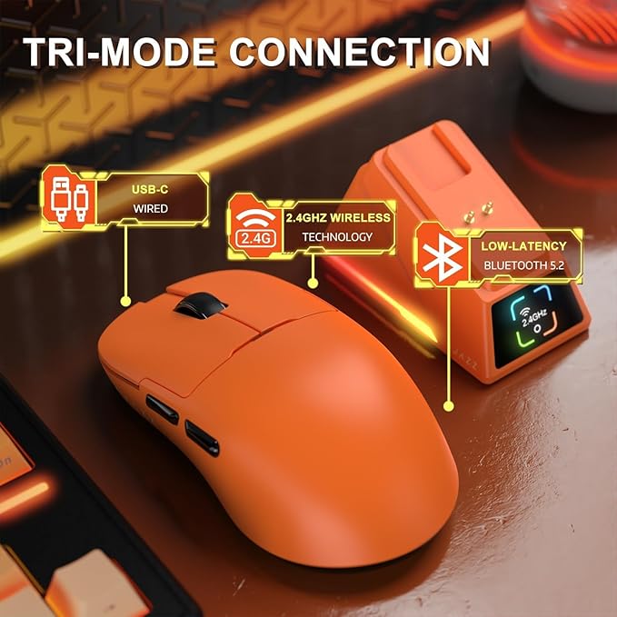 A.JAZZ AJ159APEX 8Khz Wireless Gaming Mouse Ultralight 56g with Magnetic Screen Charging Dock 42000DPI PAW3950 Sensor Tri Mode BT/2.4Ghz/Type-c Wired Programmable for Esport FPS PC Mac Gamer(Orange)