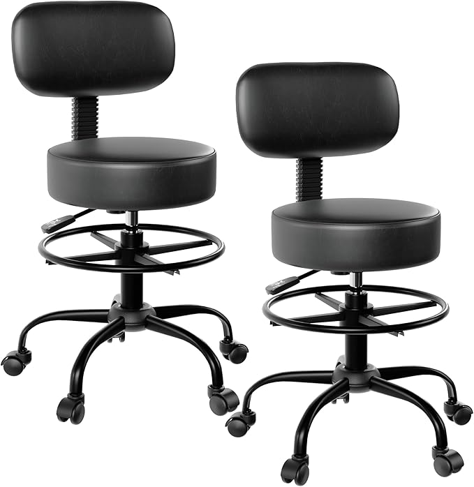Drafting Chair with Back Support, Adjustable Foot Rest Rolling Stool, 360° Swivel Office Desk Chair with Wheels, Thick Seat Cushion for Home Bar Salon Tattoo Shop (2, Black)