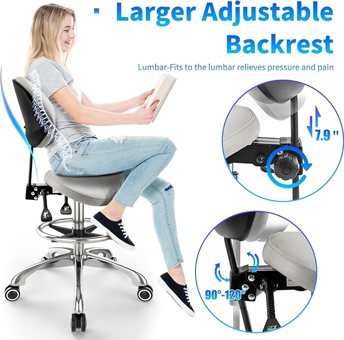 Saddle Chair with Back Support - Tilted Backrest, Adjustable Foot Rest, 350 LBS Capacity Ergonomic, 360° Swivel Drafting Chair for Salon,Spa, Massage, Tattoo, Facial lash, Home, Dentist（Grey）