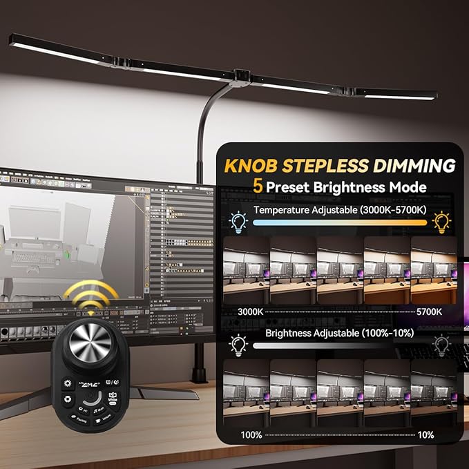 Adjustable LED Desk Lamp – Stepless Dimming & Color Temp Remote Control, Eye-Caring 4 Large Light Souce, Flexible Neck, Clamp, 5 Lighting Modes for Reading, Computer, DIY (Black)