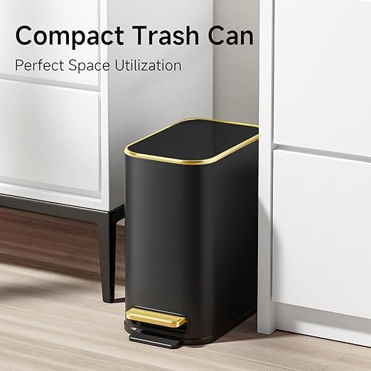 TIPGO Small Bathroom Trash Can with Lid Soft Close, Step Pedal, 5 Liter / 1.3 Gallon Stainless Steel Trash Bin, Slim Garbage Cans for Toilet, Office, Bedroom (Black)