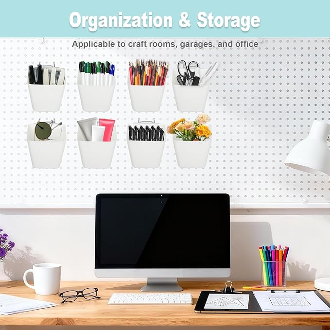 8 Pack Large Pegboard Bins with Hooks, Square Box Shape Peg Board Cups and Peg Board Accessories for Craft Room, Playroom, Office, Garage, and Wall Mount Organization (White)