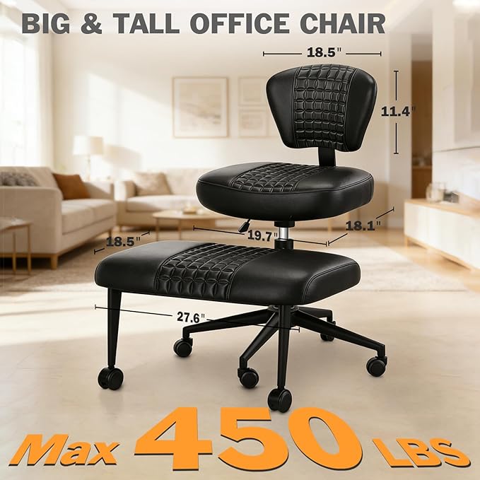 Ergonomic Cross Legged Office Chair with Footrest, 360° Swivel Height Adjustable PU Criss Cross Chair, Wide Seat & Back Support for Home Office, ADHD, Black