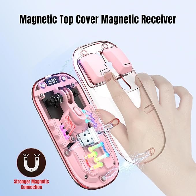 Wireless Bluetooth Mouse, Transparent BT + 2.4G Dual-Mode Mechanical Mouse with Magnetic Top Cover, Rechargeable RGB Backlit Gaming Mouse for Gaming/Esports/Desktop/Laptops/Tablets (Pink)