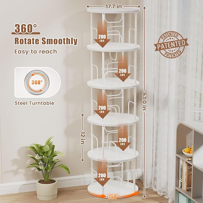 ALLSTAND 5 Tier Rotating Bookshelf, 360 ° Display Stackable Spinning Bookshelf Tower, Corner Bookshelf Tall Floor Standing Swivel Bookcase Narrow Storage Organizer for Bedroom, Living Room, White