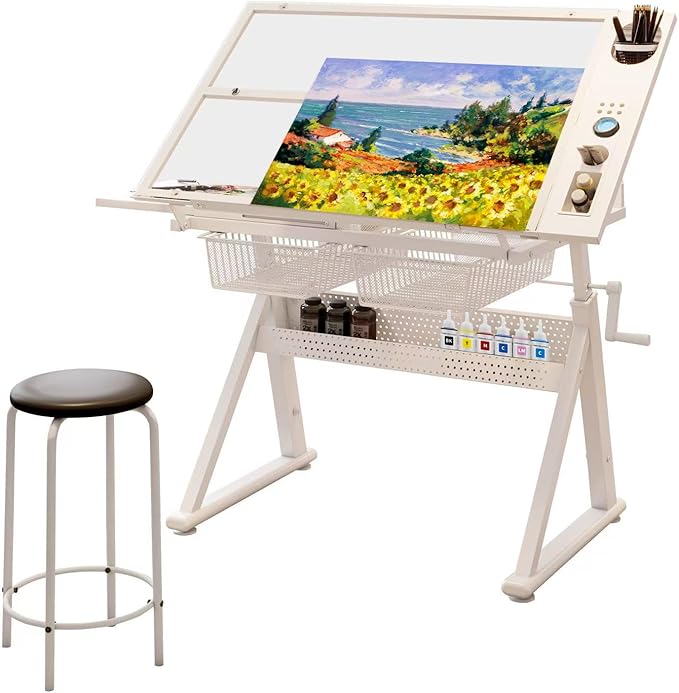 Adjustable Drawing Table for Artists | Drafting Desk with Tilted Glass Top | Art & Craft Table for Adults (White, Smart Upgrade-29.52’’- 37.8'' H)