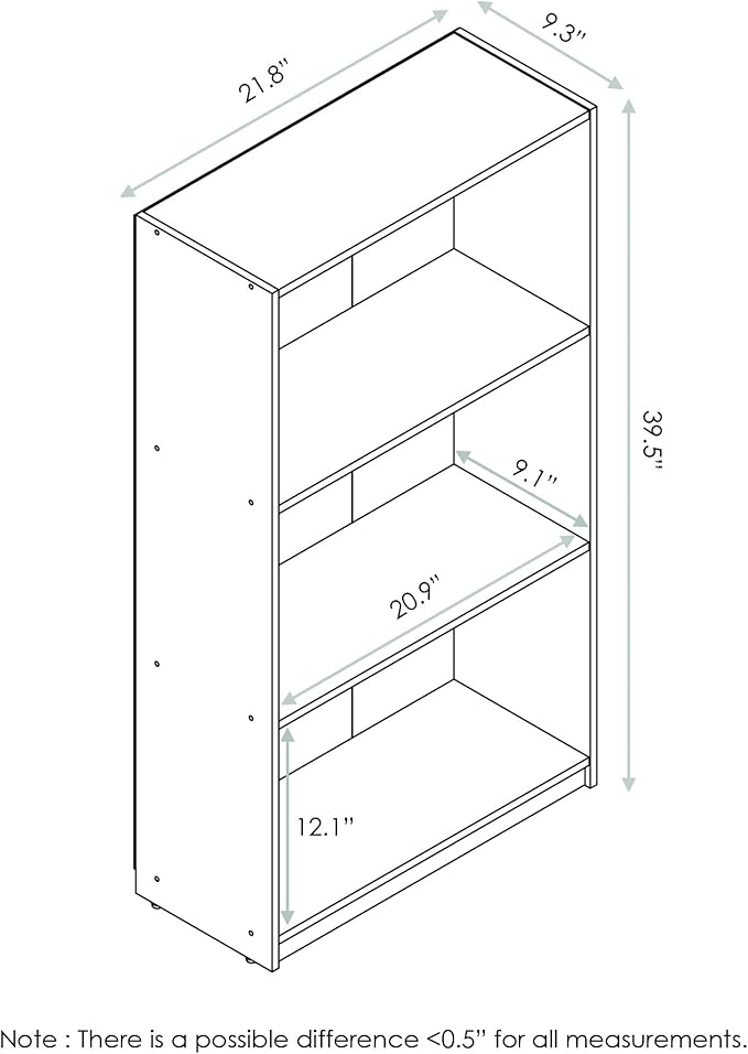 Furinno BASIC Book Shelf, 3-Tier Modern Bookshelf, Bookcase with Open Shelves, 9.3 x 21.8 x 39.5, for Living Room, Bedroom, Home Office, Sonoma Oak