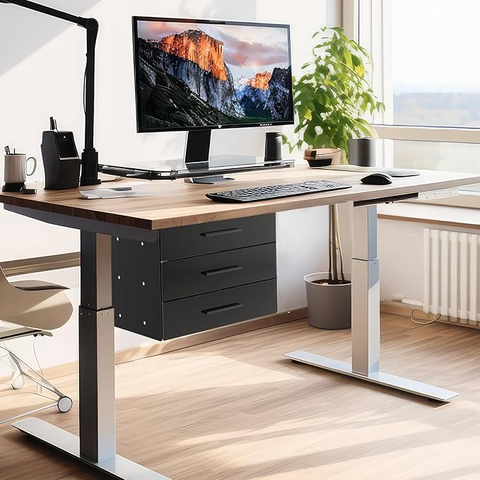 Menkxi 16 inch Under Desk Drawer Storage Pull out Storage Organizer Mounted Metal Sliding Hidden Under Counter Drawer Vertically Stacked for Office Sit Stand Workstation(3 Layer)