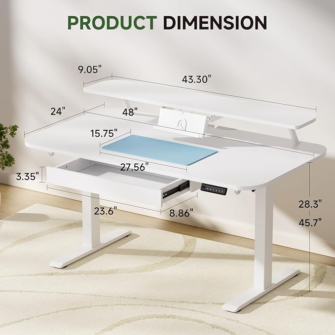 GTPLAYER Electric Standing Desk with Drawers, 48 x 24 Inches Height Adjustable Computer Desk with Monitor Stand, Laptop Stand, Sit Stand up Desk with Memory Preset for Home, Office, White
