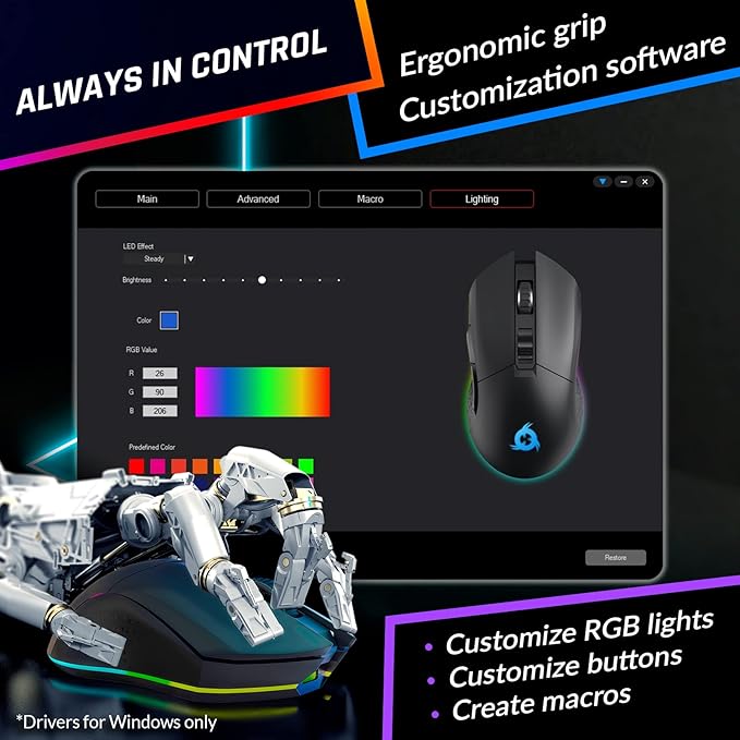 KLIM Blaze Rechargeable Wireless Gaming Mouse RGB Precision Sensor and Long-Lasting Battery - 7 Customizable Buttons - Up to 6000 DPI - Wired & Wireless Mouse for PC Mac & PS4 PS5 - Black
