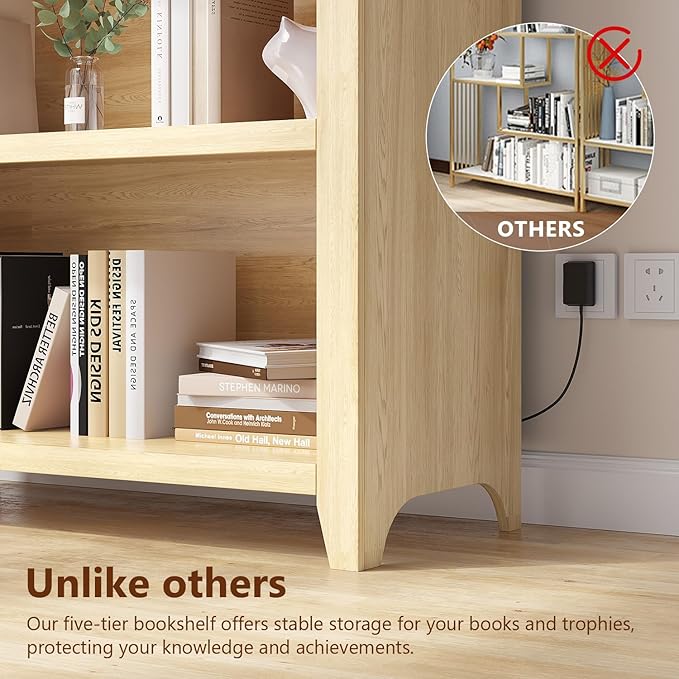 Arch Bookcase - 5 Layers Bookshelf with 3 Colors LED Sensor Lights and Thickened Wooden Design Display Shelf for Lego Books Bathroom Living Room - Ideal Gift (Light Wood)