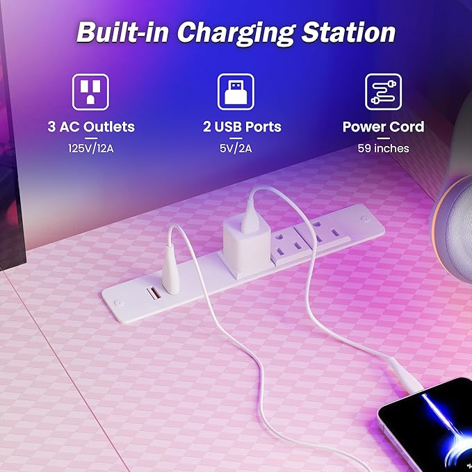 YOUDENOVA 48 Inch Gaming Computer Desk with Led Lights, Small Desk with Storage Shelves and Drawers, Reversible Compact Gamer Table for Home Office, Carbon Fiber Pink