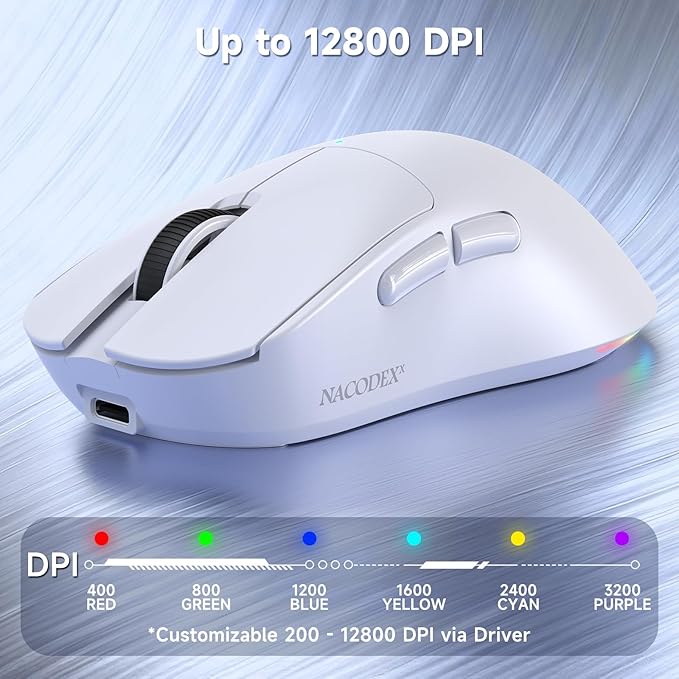 AJAZZ NJ08 Wireless Gaming Mouse 70g Lightweight, 12800 DPI, RGB Strip, 3-Mode Connection 2.4G/Bluetooth/Wired, 1000Hz Polling Rate, Ergonomic Right-Handed Design for PC, Mac, Windows, Laptop (White)