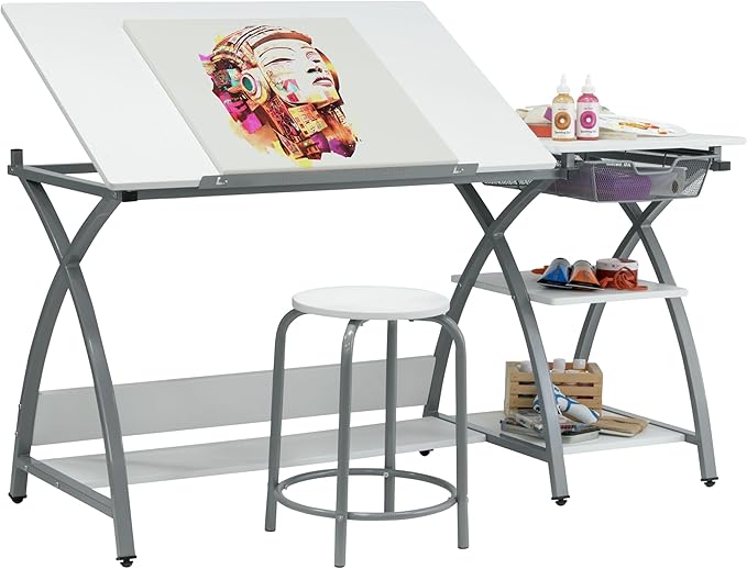 Deluxe Comet Craft Station with Stool, Adjustable Drafting & Art Desk with Storage Shelves, Pencil Ledge, Wire Mesh Drawer, 45° Tilting Top, Steel Frame, Silver/White