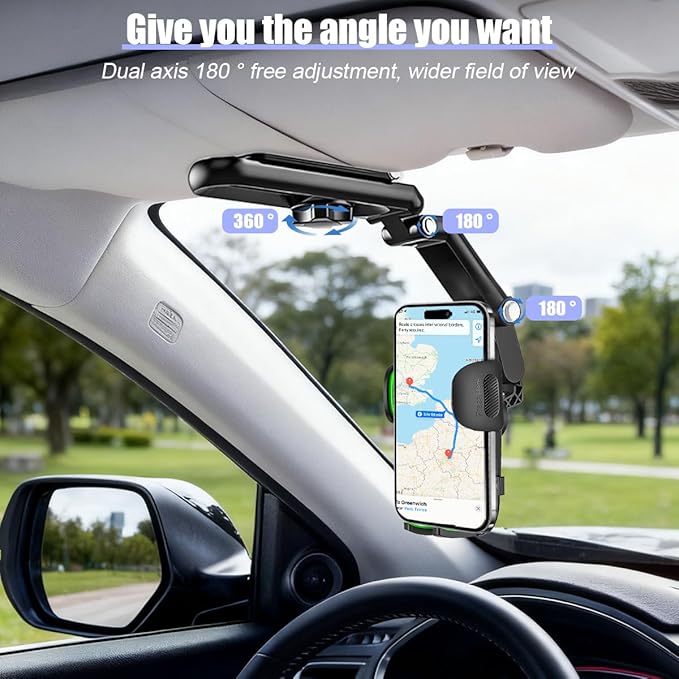 Car Sun Visor Phone Holder, Multifunctional 1080° Rotatable Retractable Vehicle Rearview Cell Phone Mount, Autom Visor Smartphone Holder, Universal for SUV RV Truck (Gray)