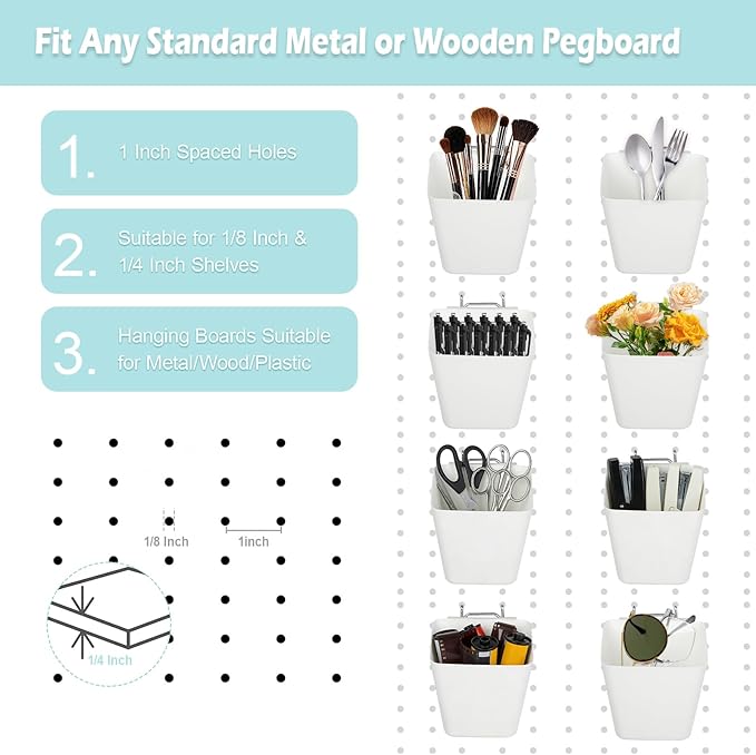 8 Pack Large Pegboard Bins with Hooks, Square Box Shape Peg Board Cups and Peg Board Accessories for Craft Room, Playroom, Office, Garage, and Wall Mount Organization (White)
