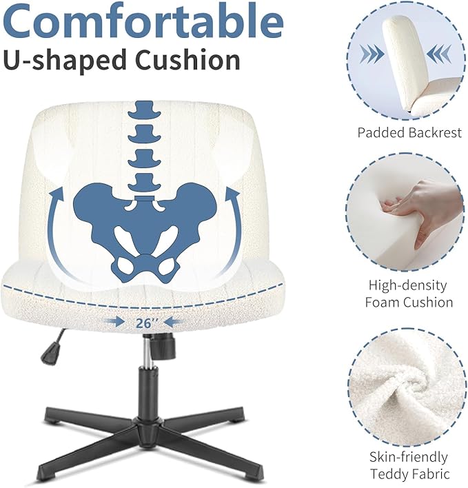 DUMOS Criss Cross Chair No Wheels, Legged Office Desk Armless Chair Wide Seat, Adjustable Swivel Teddy Fabric Task Vanity Chairs for Home Bedroom, Beige