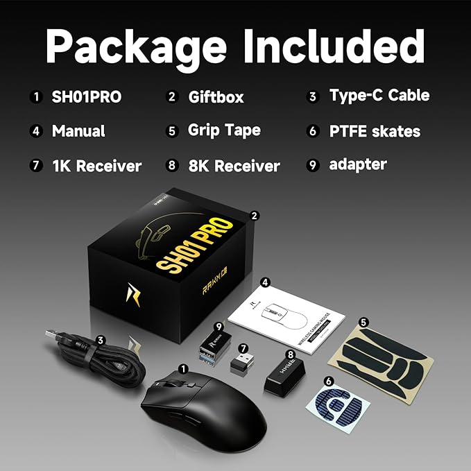 RAWM SH01PRO 8K Wireless Gaming Mouse, 55g Lightweight, PAW3950 30K DPI Optical Sensor, 8000 Polling Rate, Esports & FPS Gaming mice, Dual Receiver (1k USB Receiver and 8k dongle)