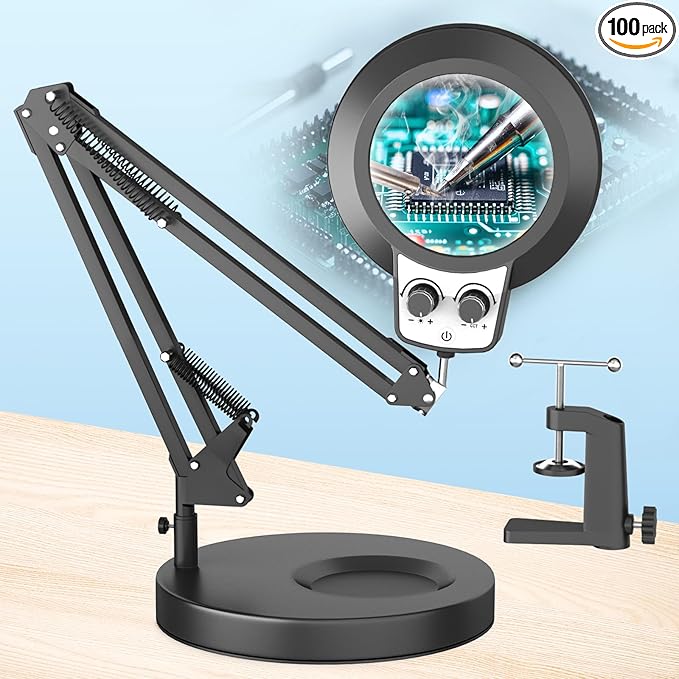 HITTI 12X Magnifying Glass with Light Hands Free, 2026 New Infinite Color and Brightness Desk Lamp & Clamp, 2-in-1 LED Lighted Magnifier Stand for Craft Reading Hobby Close Work(12X Ring Base & Clamp)