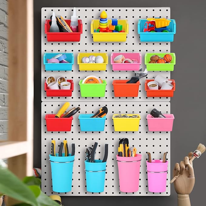 Roowest 60 Pcs Pegboard Cups Pegboard Bins Set, Wall Organizer with Hooks and Loops, Hooks Assortment Organizer Accessory for Office Storage Garage Craft Workshop(Multi Colors)