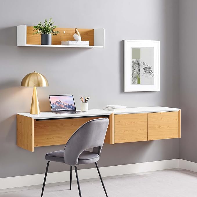 Modway EEI-6311-WHI-NAT Kinetic 38" Wall-Mount Office Desk with Cabinet and Shelf, White Natural