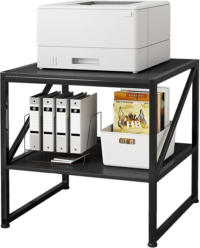 2-Tier Large Priner Stand with Storage Shelf, 20"×20" Under Desk Printer Table for Home Office Organization, End Table for Living Room, Heavy Duty Storage Rack for Scanner Fax Heat Press, Black