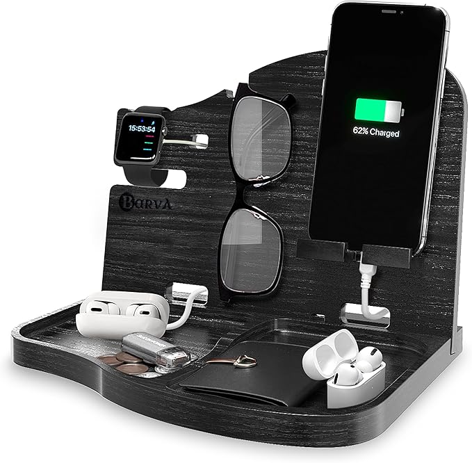 BarvA Wood Docking Station | Phone Stand & Desk Organizer | Night Stand Charging Station & Phone Holder | Compact Nightstand Organizer for Men's Accessories | Ideal Gifts for Men