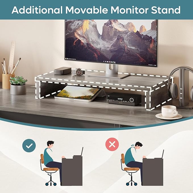 Bestier L Shaped Standing Desk with Lift Top, 55"x55" Standing Corner Desk for Home Office, Computer Desk with Reversible File Drawer and Monitor Stand, Grey Wash