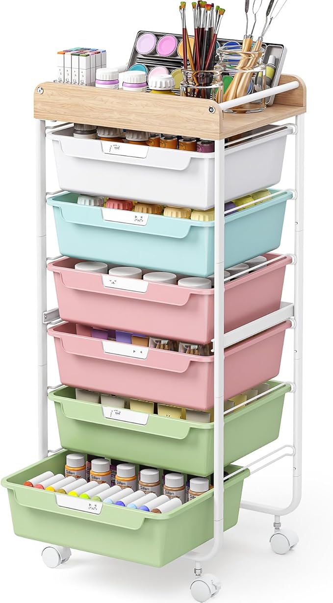 SYKIARIOL Rolling Storage Utility Cart with 6 Drawers,Art Supply Craft Organizer,Sewing Makeup Organizer and Storage,Office Organization Wooden Tabletop,Dark Pink Blue