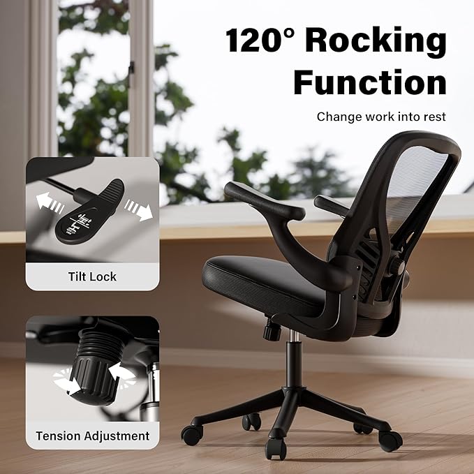 GYI Office Chair Ergonomic, Computer Desk Chair with Mesh Back, Adjustable Lumbar Support, 3D Flip-up Arms, Wheels, Black