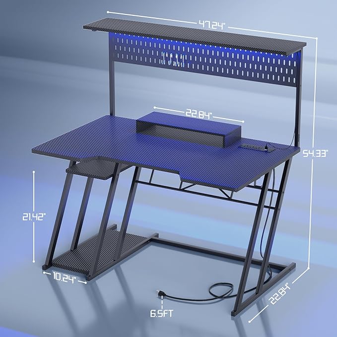 Armocity Gaming Computer Desk with Shelves and Outlets, Gaming Desk with Hutch and LED Lights, Reversible PC Gaming Desks with Pegboard, Carbon Fiber Black 47''