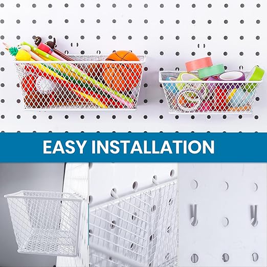 Sieral 4 Pcs Pegboard Baskets Metal Wire Shelf Baskets Peg Board Organizer Accessories Wall Mount Organizer Attachments for Garage Workbench Various Tool Accessories, 2 Sizes (White,Small, Large)